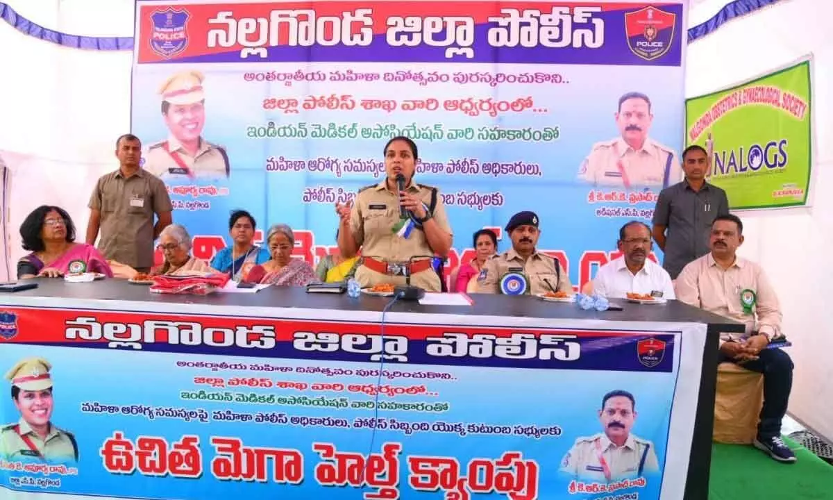 SP Apoorva Rao addressing the gathering at the inauguration of health camp at Parade Ground in Nalgonda on Thursday