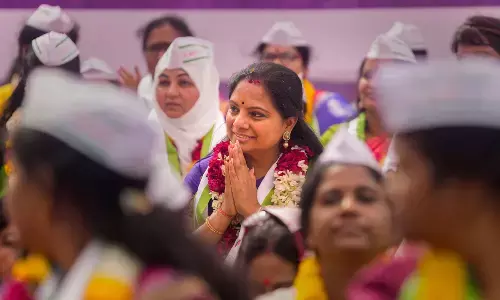 Bharat Rashtra Samithi leader K Kavitha during a hunger strike seeking early passage of the Women’s Reservation Bill, at Jantar Mantar in New Delhi on Friday