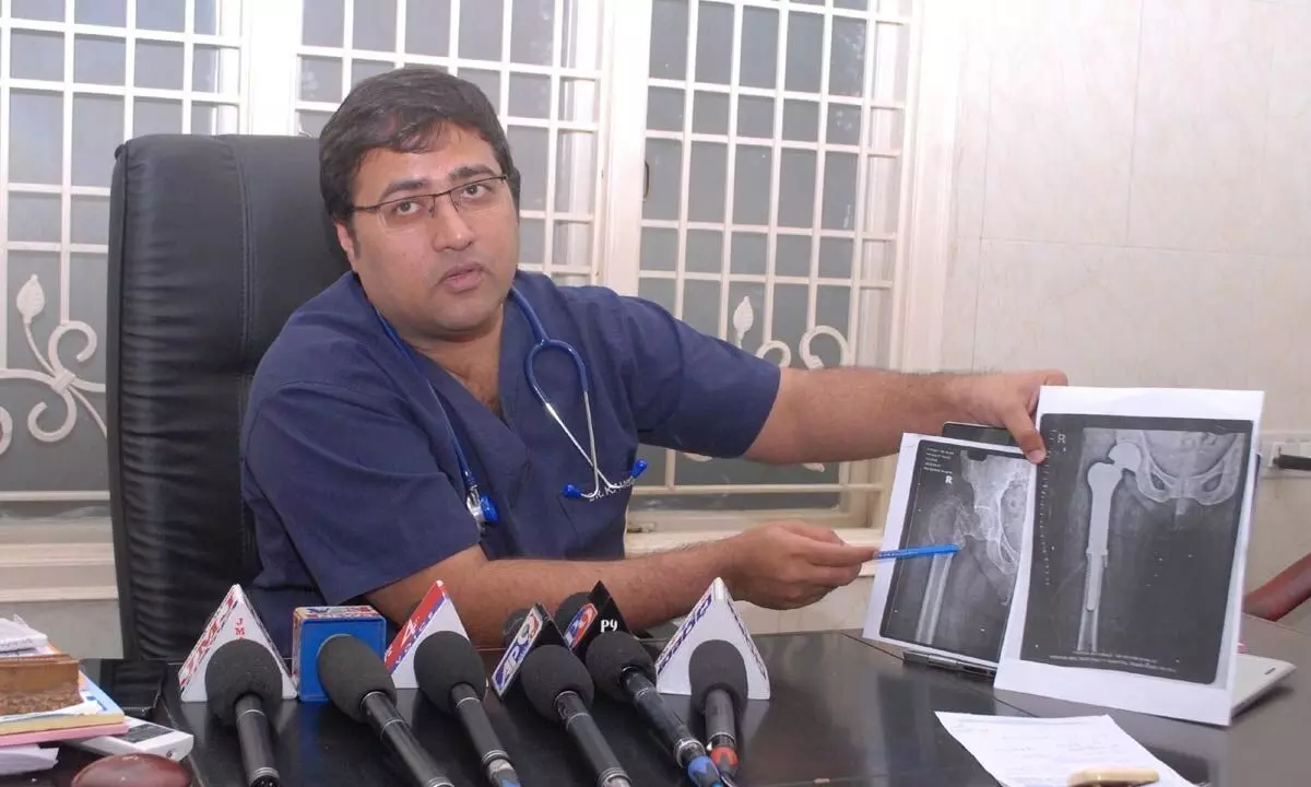 Dr Kaushik Hari explaining the details of tumour surgery, at Triniti Cancer Centre in Ongole on Sunday