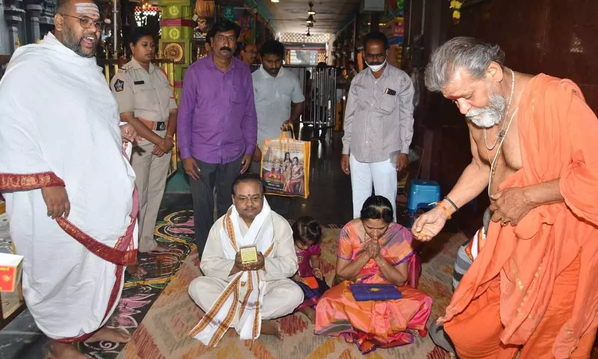 High Court Judge U Durga Prasada Rao at Goddess Kanaka Durga temple in Vijayawada on Sunday