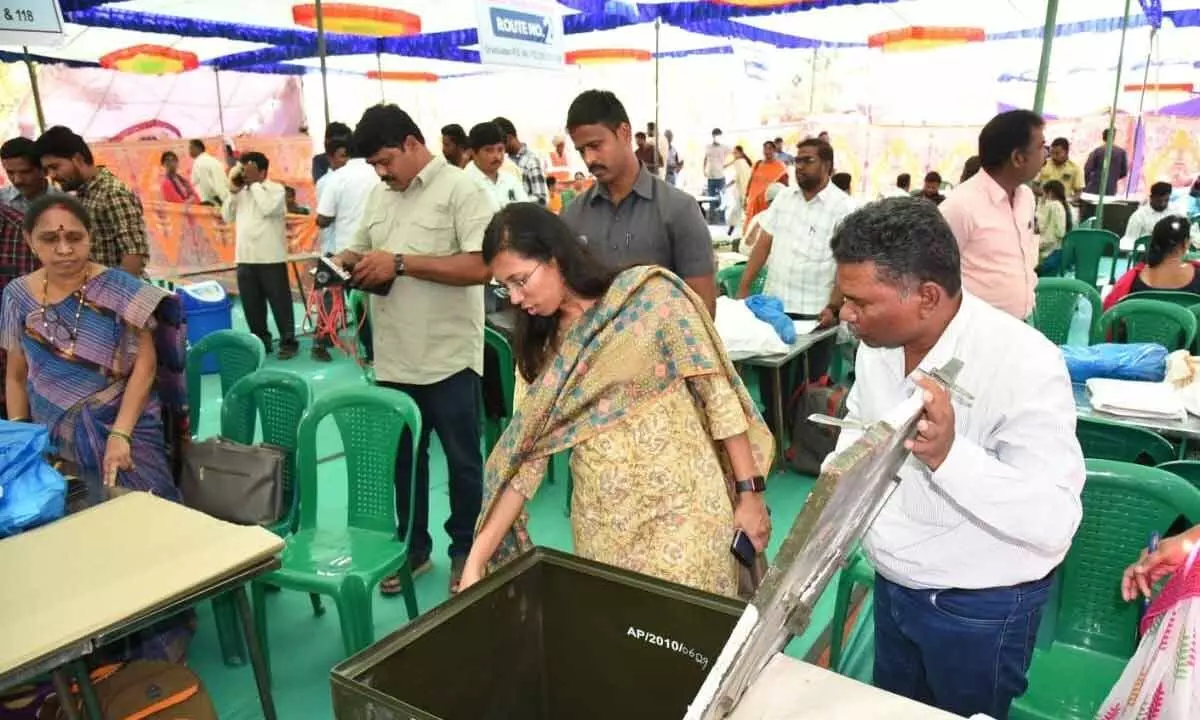 District Collector Nagalakshmi Selvarajan inspecting a polling centre in Anantapur on Sunday