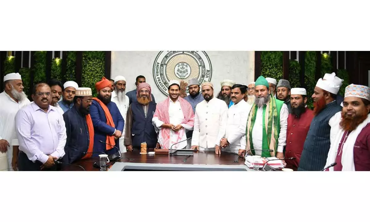 Chief Minister Y S Jagan Mohan Reddy with the representatives of Muslim organisations at his camp office in Tadepalli on Monday