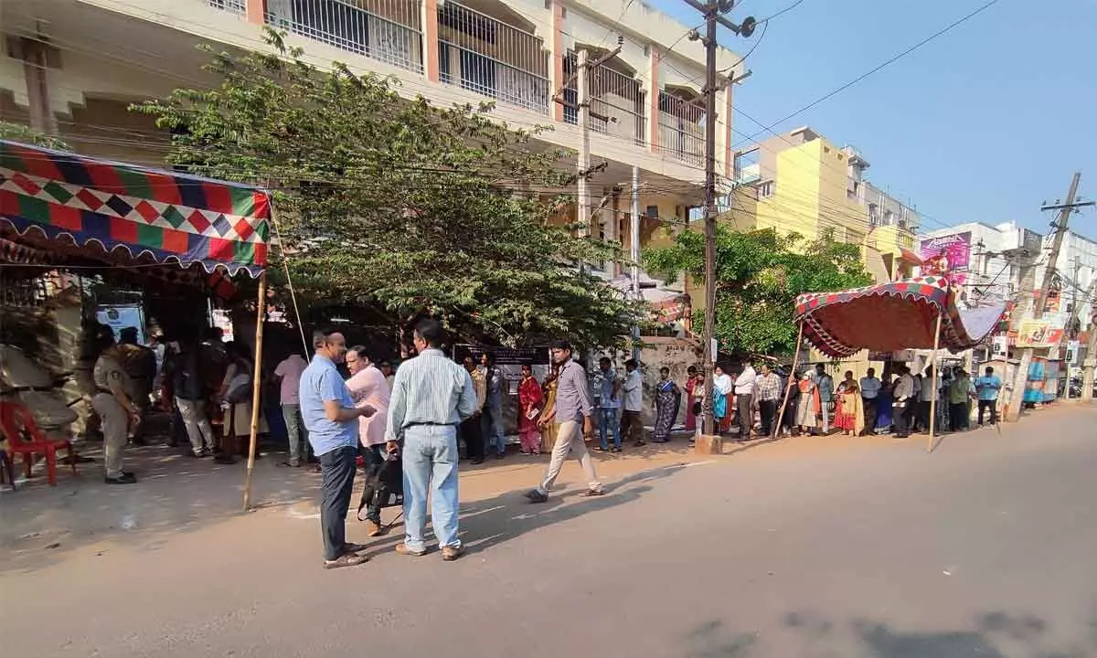 Voters waiting at a polling booth to cast their votes for the MLC polls in Visakhapatnam after 4 pm on Monday
