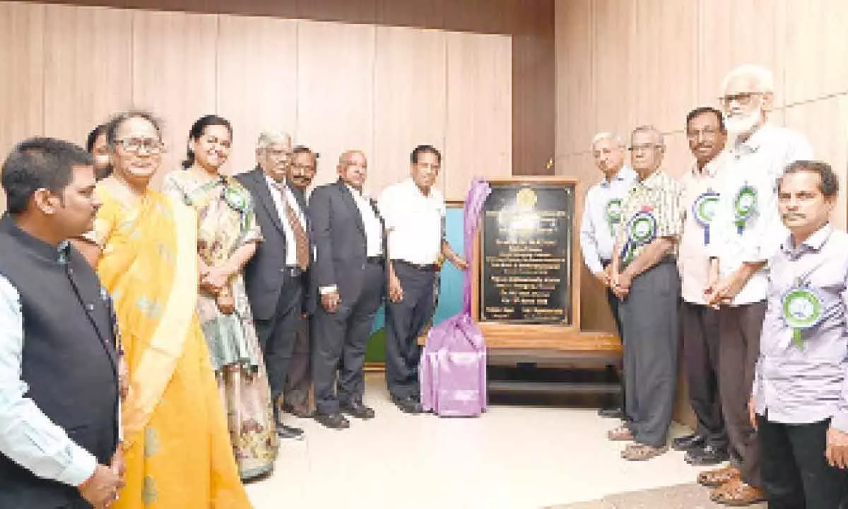 Prof AM Mathai of McGill University, Canada, inaugurating the plaque marking the laying of foundation stone for ISPS Data Science Centre in Tirupati on Monday. Prof P Rajasekhar Reddy, Prof KN Satyanarayana, Prof N Rajani and others are seen.