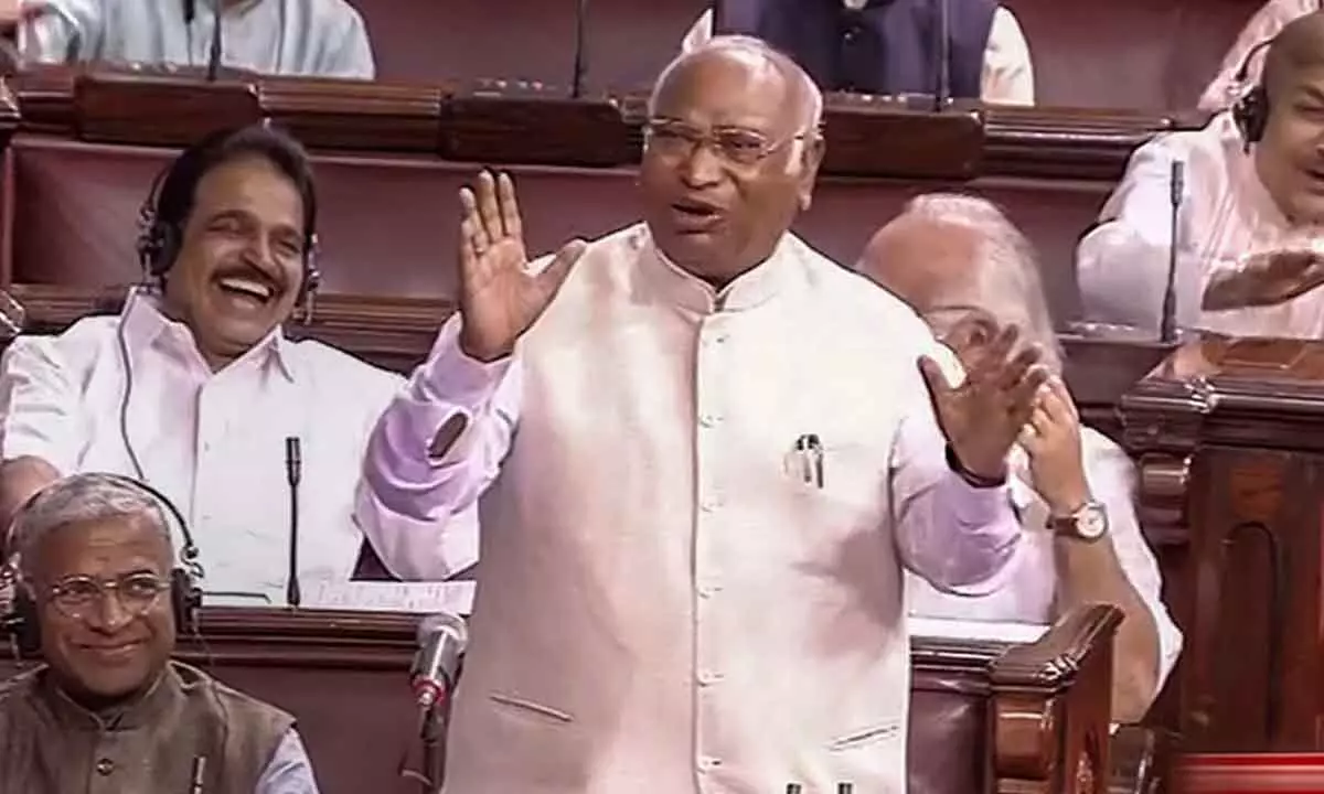 Congress MP Mallikarjun Kharge speaks in the Rajya Sabha during Budget Session of Parliament, in New Delhi, Tuesday,