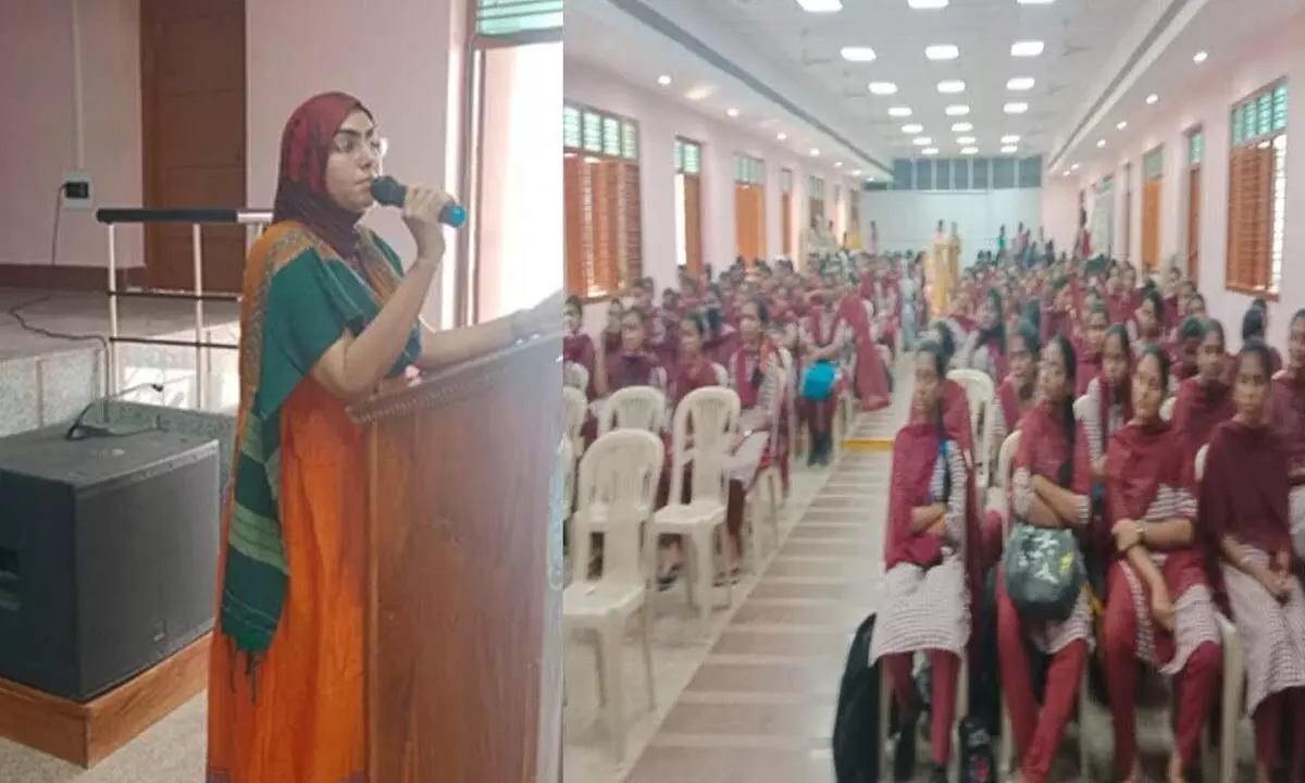 Dr Jasmine Sultana, MD (Transfusion Medicine) of Pinnamaneni Siddartha Institute of Medical Sciences, addressing the students and staff of Maris Stella College at an awareness session in Vijayawada on Tuesday