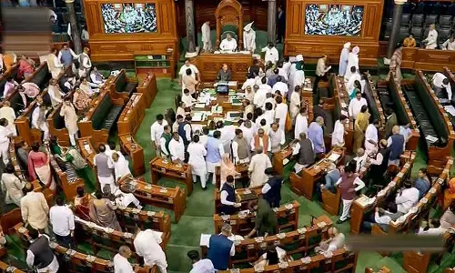 Proceedings of Lok Sabha underway during Budget Session of Parliament, in New Delhi, Monday, March 13, 2023. (PTI Photo)