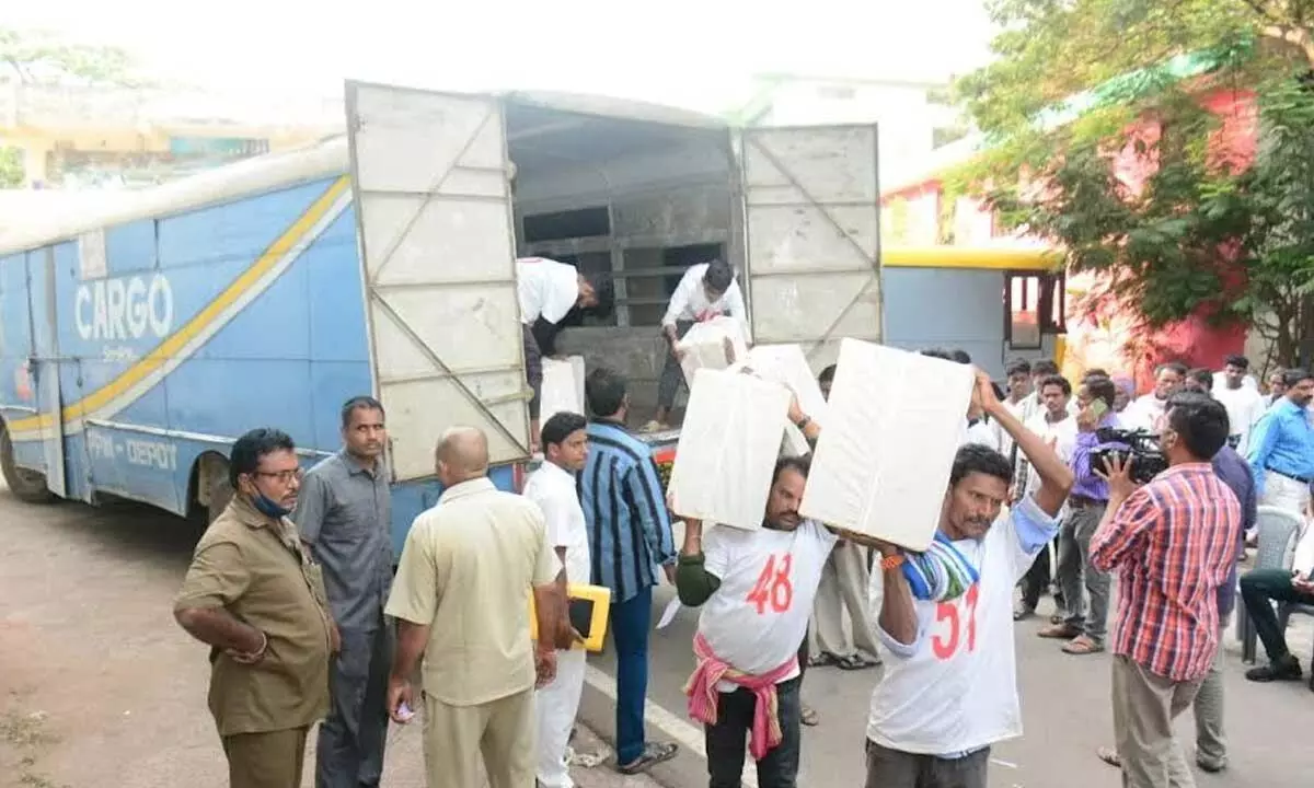 Sealed ballot boxes being shifted from six districts to Swarna Bharathi Indoor Stadium in Visakhapatnam on Tuesday
