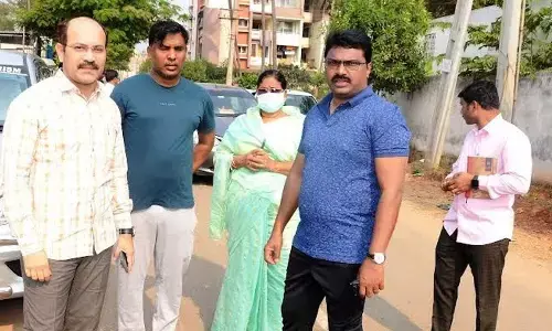 GVMC commissioner P Raja Babu along with other officials inspecting beautification works taken up in Visakhapatnam on Wednesday