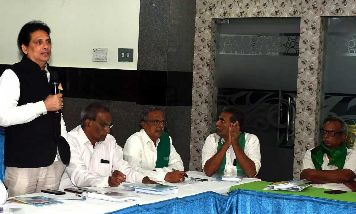 Senior economist Prof G V R Sastry addressing Polavaram Sadhikara Samiti roundtable conference in Vijayawada on Wednesday