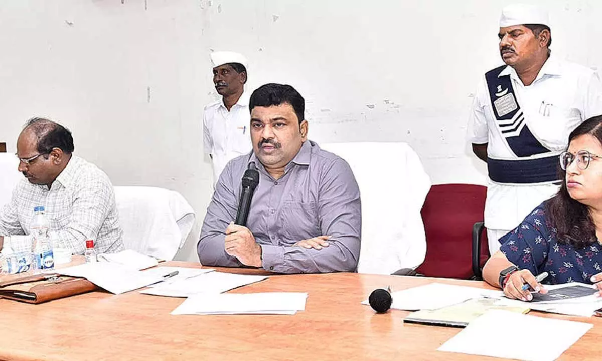 Krishna District Collector Rajith Basha addressing a review meeting in Machilipatnam  on Thursday