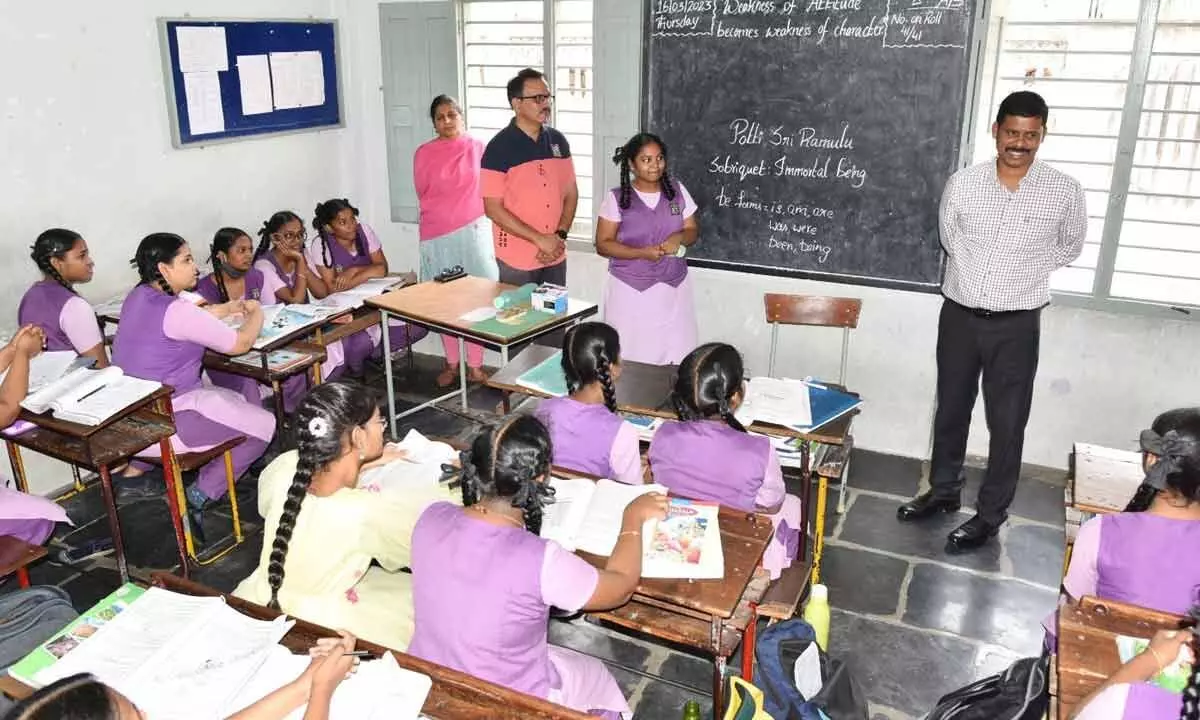 NTR District Collector S Dilli Rao interacting with the SSC students at Vijayawada on Thursday
