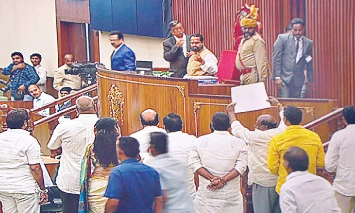 TDP  members stage protest at podium in Assembly on  Thursday