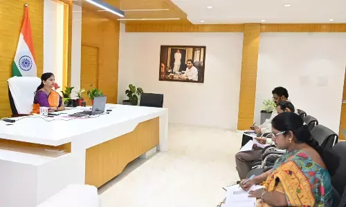 District Collector Dr K Madhavi Latha addressing a review meeting at the Collectorate in Rajamahendravaram on Wednesday