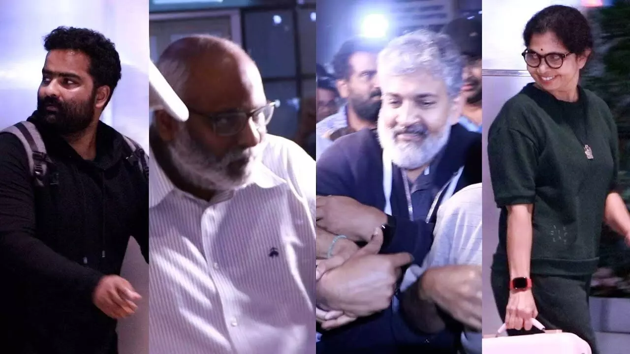 SS Rajamouli and MM Keeravani get a grand welcome at Hyderabad airport for RRR Oscar Winning