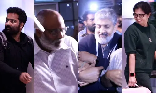 SS Rajamouli and MM Keeravani get a grand welcome at Hyderabad airport for RRR Oscar Winning