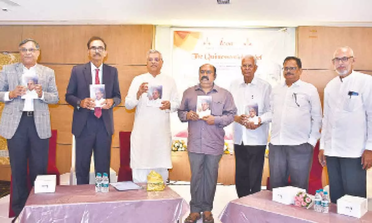 Supreme Court judge Justice PS Narasimha, Justice L Nageshwar Rao and other guest releasing the book ‘The Quintessential Rebel’ written by senior journalist A Krishna Rao in Hyderabad on Saturday