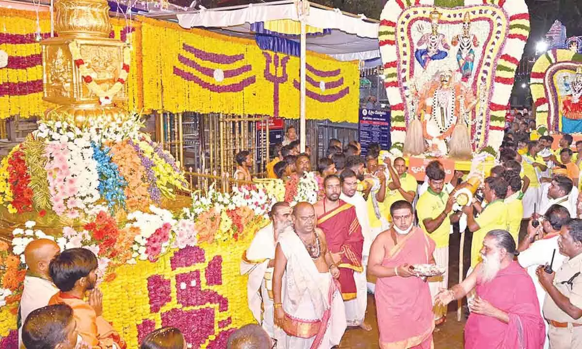 Presiding deities taken out on Brungi vahana as part of Ugadi Mahotsavams in Srisailam on Sunday