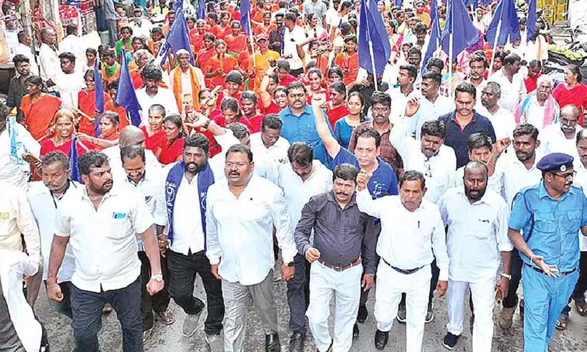 State SC Commission Chairman M Victor Prasad and other leaders taking part in the rally organised by Samatha Sainik Dal in Tirupati on Sunday