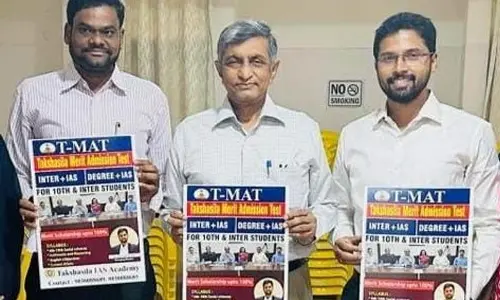 Lok Satta Party founder Dr Jaya Prakash Narayana releasing Takshashila IAS Academy free coaching poster in Vijayawada on Sunday