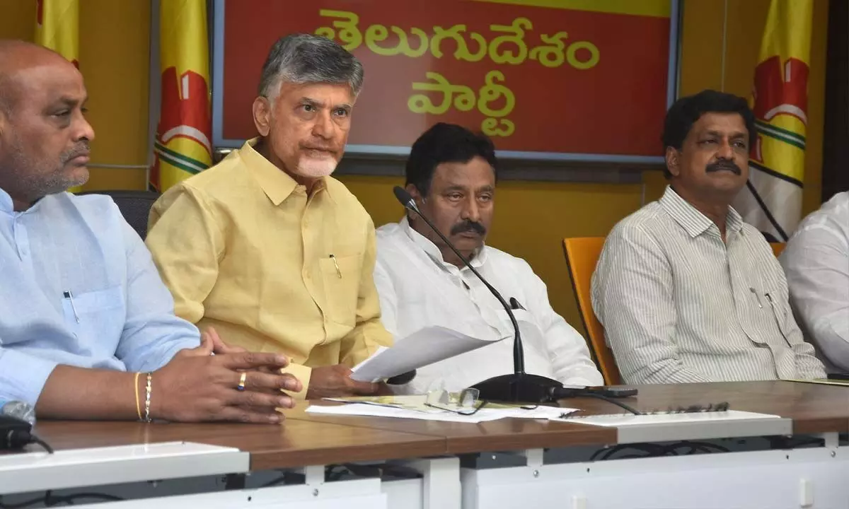 TDP national president N Chandrababu Naidu addressing the media at the party State office in Mangalagiri on Sunday
