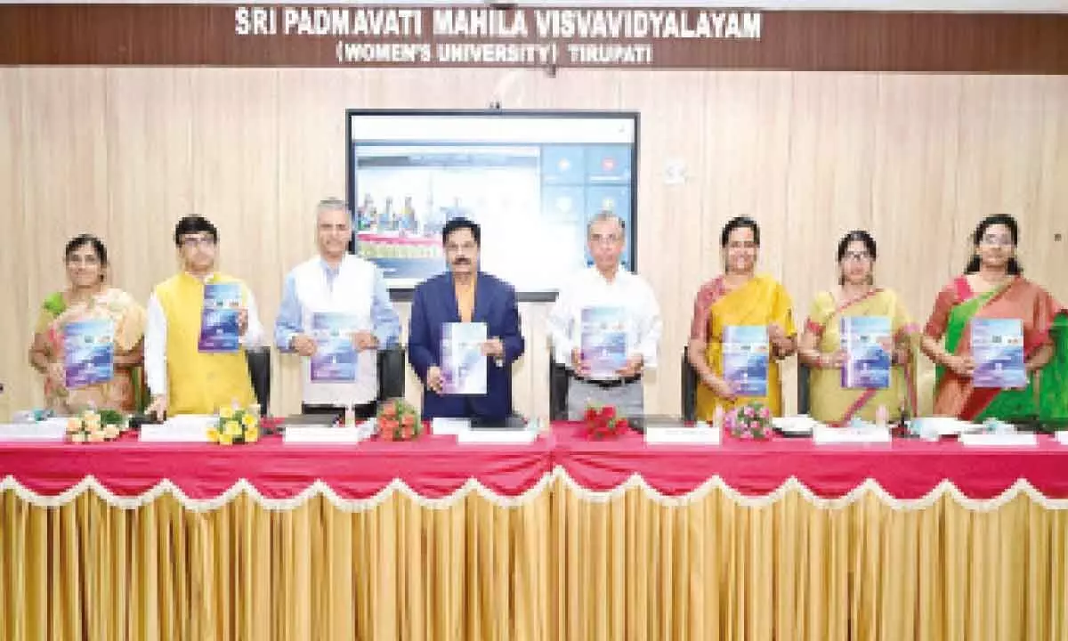 SPMVV V-C Prof K Raja Reddy, Registrar Prof N Rajini, Dr Ramanuj Banerjee, Dr PK Dutta and others releasing the workshop souvenir in Tirupati on Monday