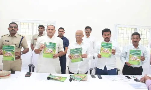 TTD EO A V Dharma Reddy along with Collector V Vijaya Rama Raju, SP KKN Anburajan and others releasing the broacher related to Sri Kondandarama Swamy Brahmotsavams at Vontimitta in YSR district on Sunday