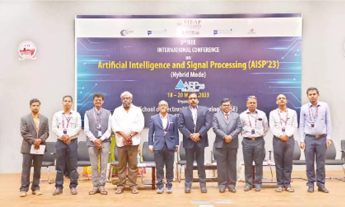 The dignitaries at 3rd international conference on AISP-23 at VIT-AP University campus in Inavolu on Monday