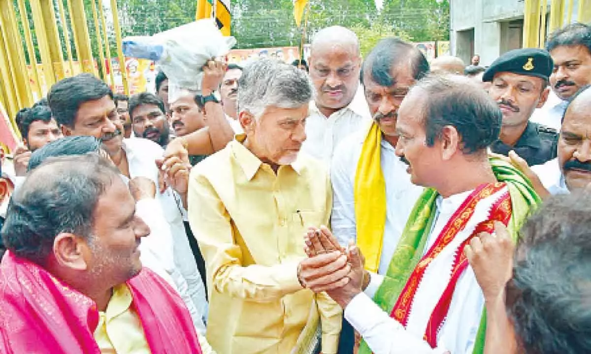 TDP chief N Chandrabau Naidu congratulates new MLCs-elect of party from graduates  constituency at party state office in Mangalagiri on Monday