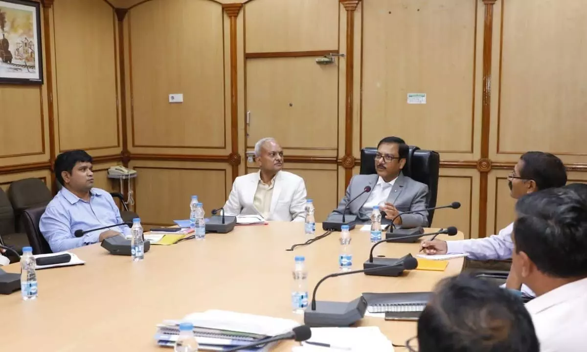 South Central Railway General Manager Arun Kumar Jain addressing the officials at a divisional performance review meeting in Vijayawada on Tuesday
