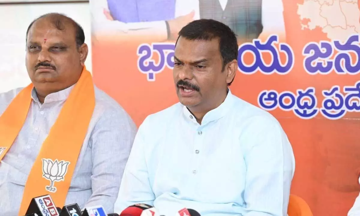 BJP MLC P V N  Madhav addressing the media at the state BJP office in Vijayawada on Tuesday