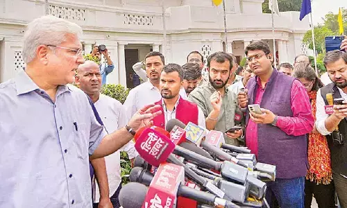 Delhi Finance Minister Kailash Gahlot addresses the media at the Delhi Assembly