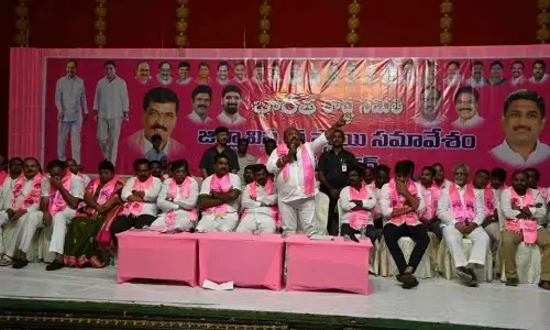 Minister G Kamalakar addressing BRS workers in Karimnagar on Tuesday.