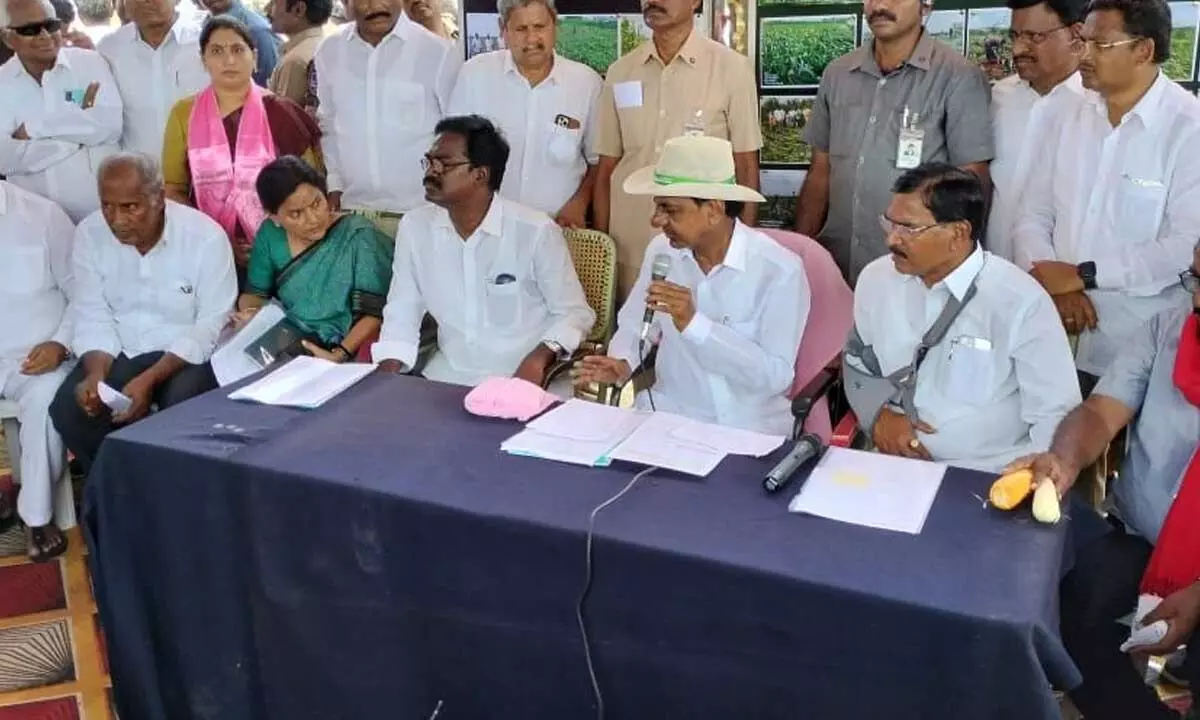 ThammineniVeerabhadram and KunamneniSambasiva Rao, the state secretaries of CPM and CPI respectively,seen with Chief Minister KCR the press meet, along with Ministers and officials, in Khammamon Thursday