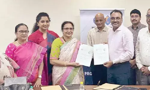 K Rama Devi, President ALEAP, and Y Varaprasad Reddy, Chairman, WTC Shamshabad / Visakhapatnam, exchanging MoUs at WTC Shamshabad office in Hyderabad on Saturday