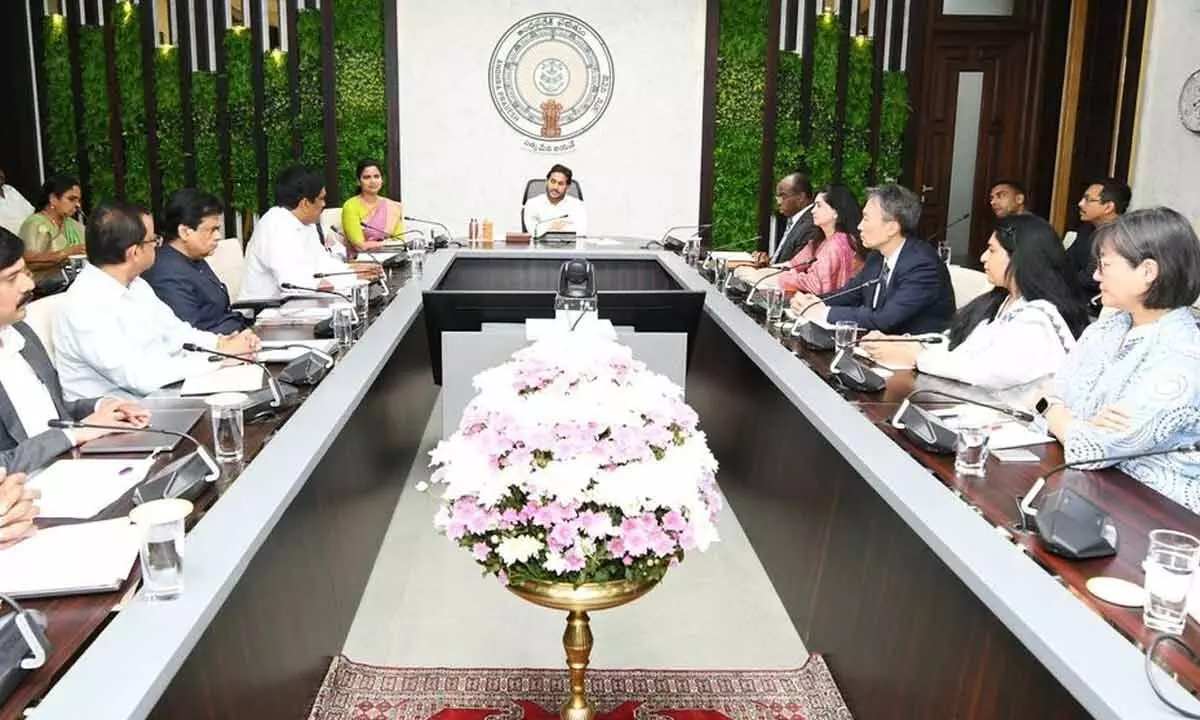 Members of World Bank delegations in a meeting with Chief Minister at his camp office in Tadepalli on Monday