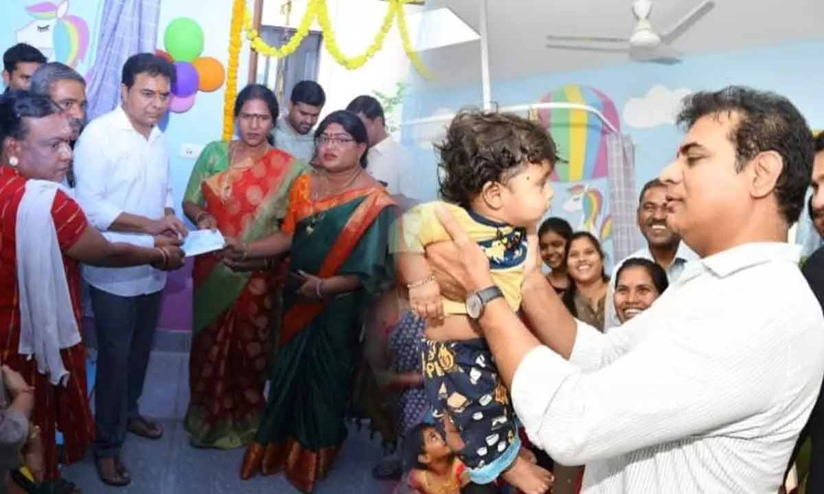 Minister KTR handed over a cash cheque to transgenders in Sircilla on Monday(Left); Minister KTR plays with a child at a crèche at IDOC in Sircilla on Monday(Right)