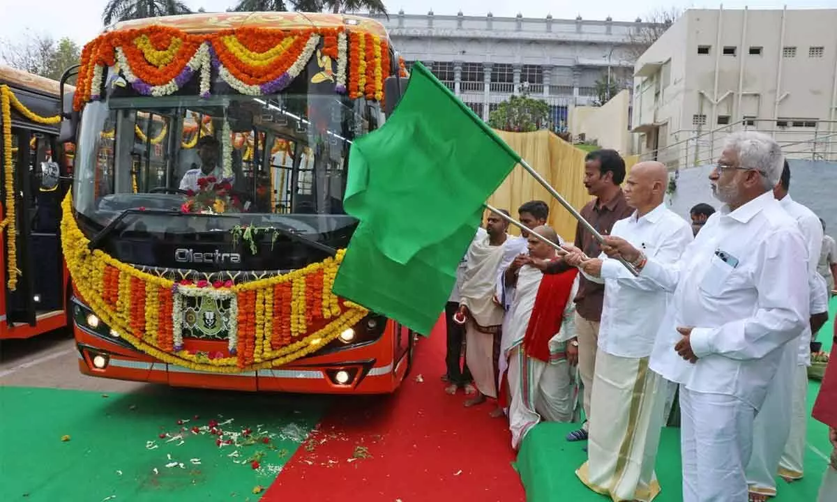 TTD chairman Y V Subba Reddy flagging off electric buses at Tirumala on Monday