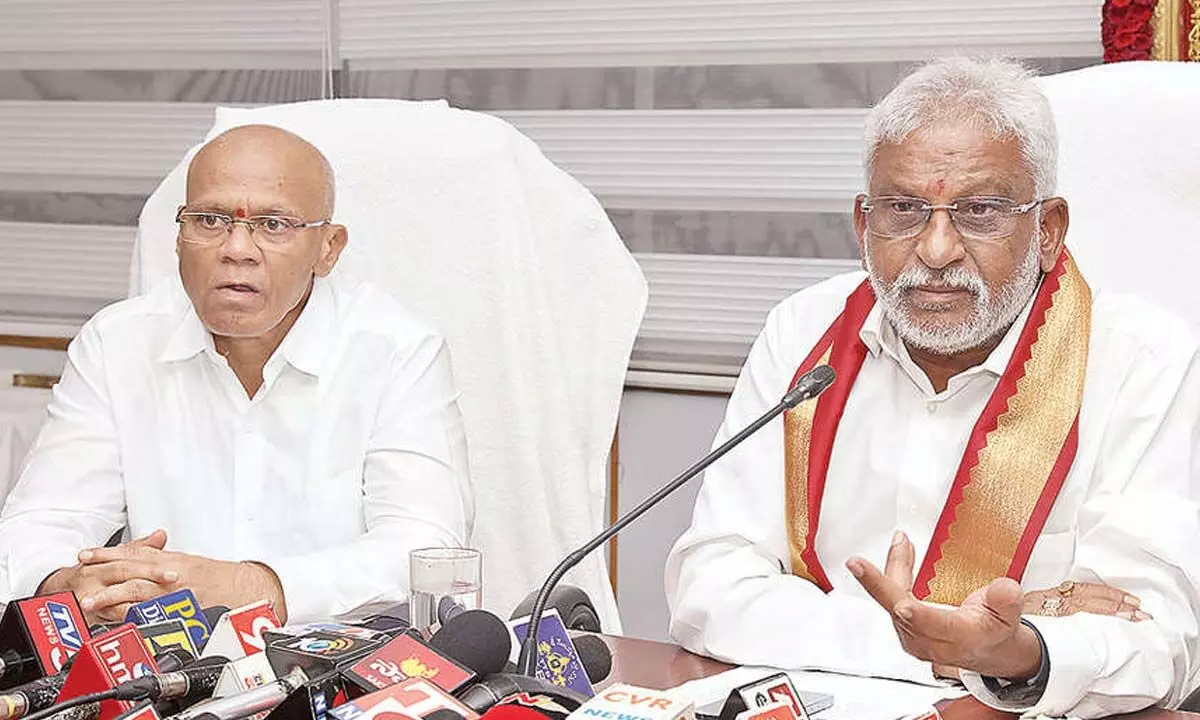 TTD chairman Y V Subba Reddy and EO A V Dharma Reddy speaking to media in Tirumala on the arrangements for summer rush, on Monday