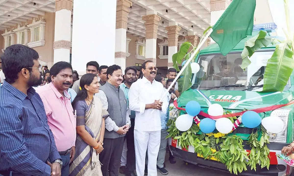 MLA Bhumana Karunakar Reddy flags off 104 services at the Collectorate in Tirupati on Monday. Collector K Venkataramana Reddy, Mayor Dr R Sirisha, DM & HO Dr U Sreehari and JC  DK Balaji are also seen.