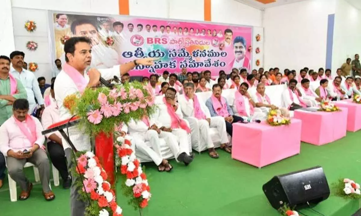 Minister KT Rama Rao addressing BRS workers in Sircilla on Monday
