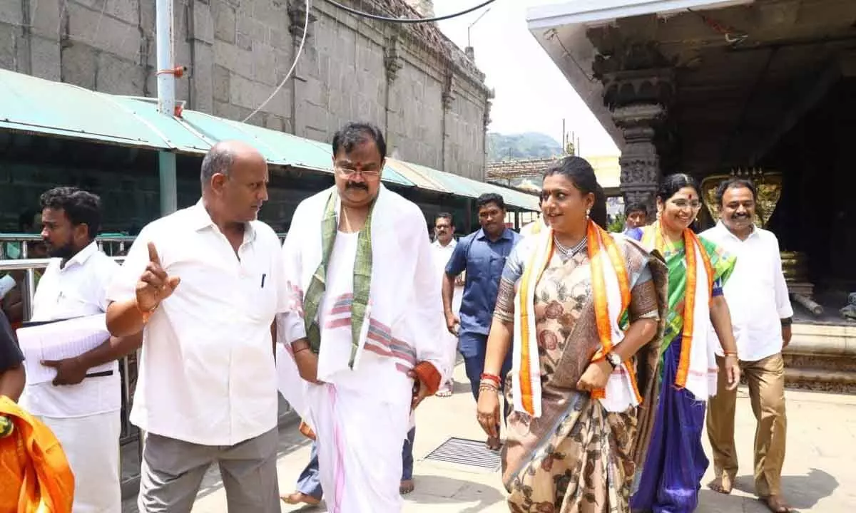 Temple EO V Trinadha Rao and EE D Srinivasa Raju briefing the minister on ‘PRASAD’ scheme works to be grounded at the shrine in Visakhapatnam on Tuesday