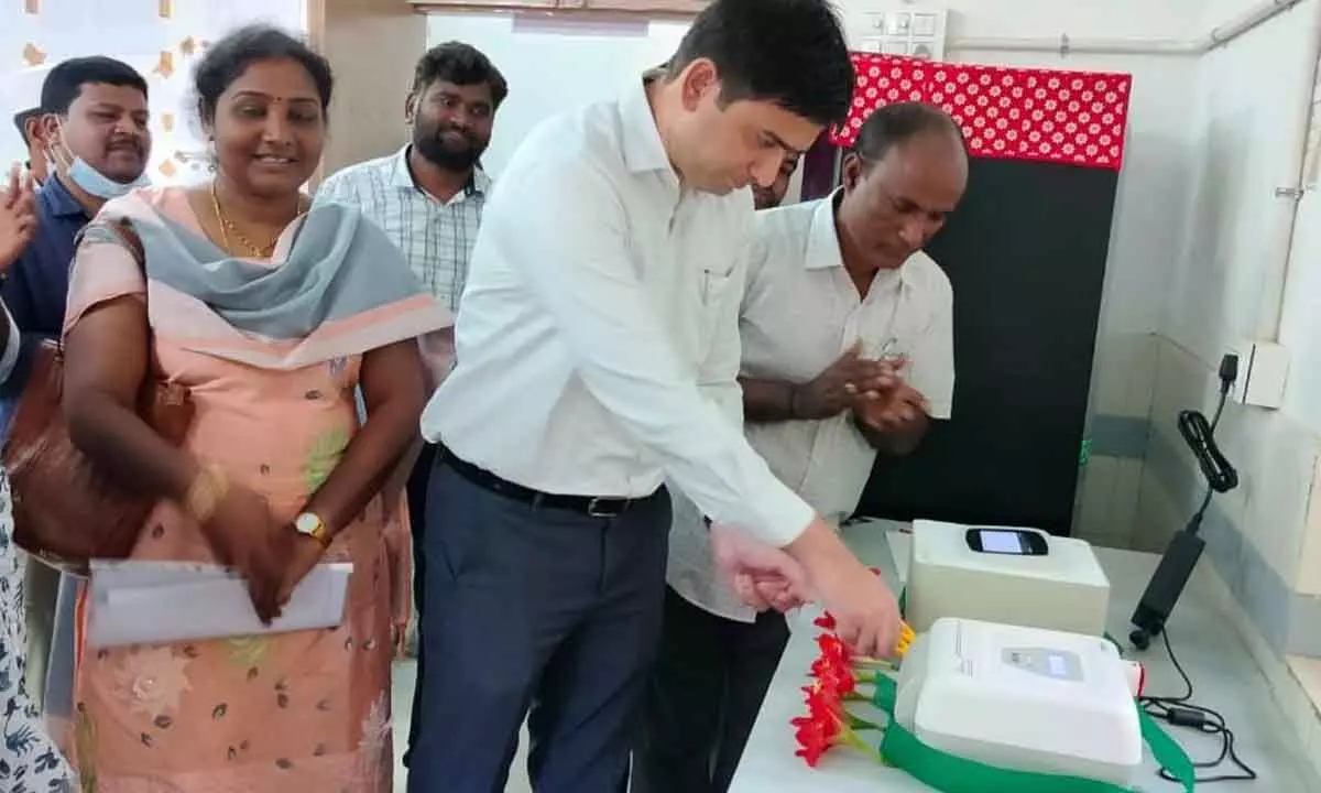 Alluri Seetaramaraju District Collector Sumit Kumar inaugurating the TB testing facility established by GIMSR at Hukumpeta on Tuesday