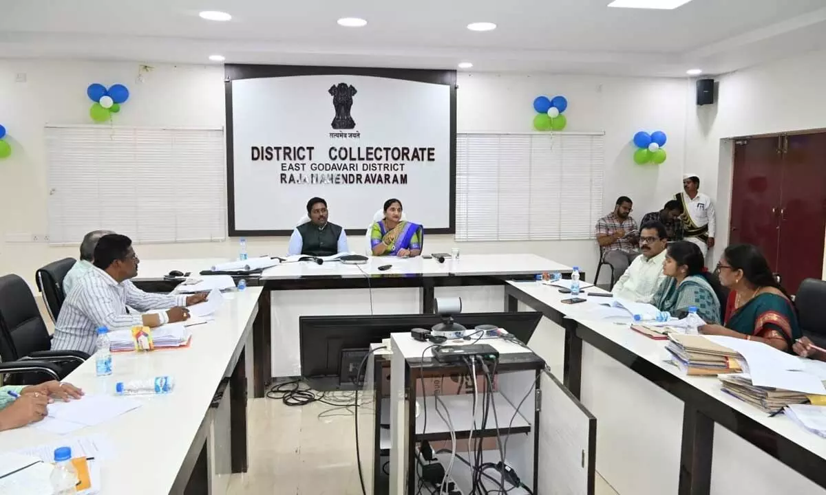 District Collector K Madhavi Latha reviewing the issues related to land acquisition with Joint Collector N Tej Bharat and other officials at a meeting in Rajamahendravaram  on Tuesday