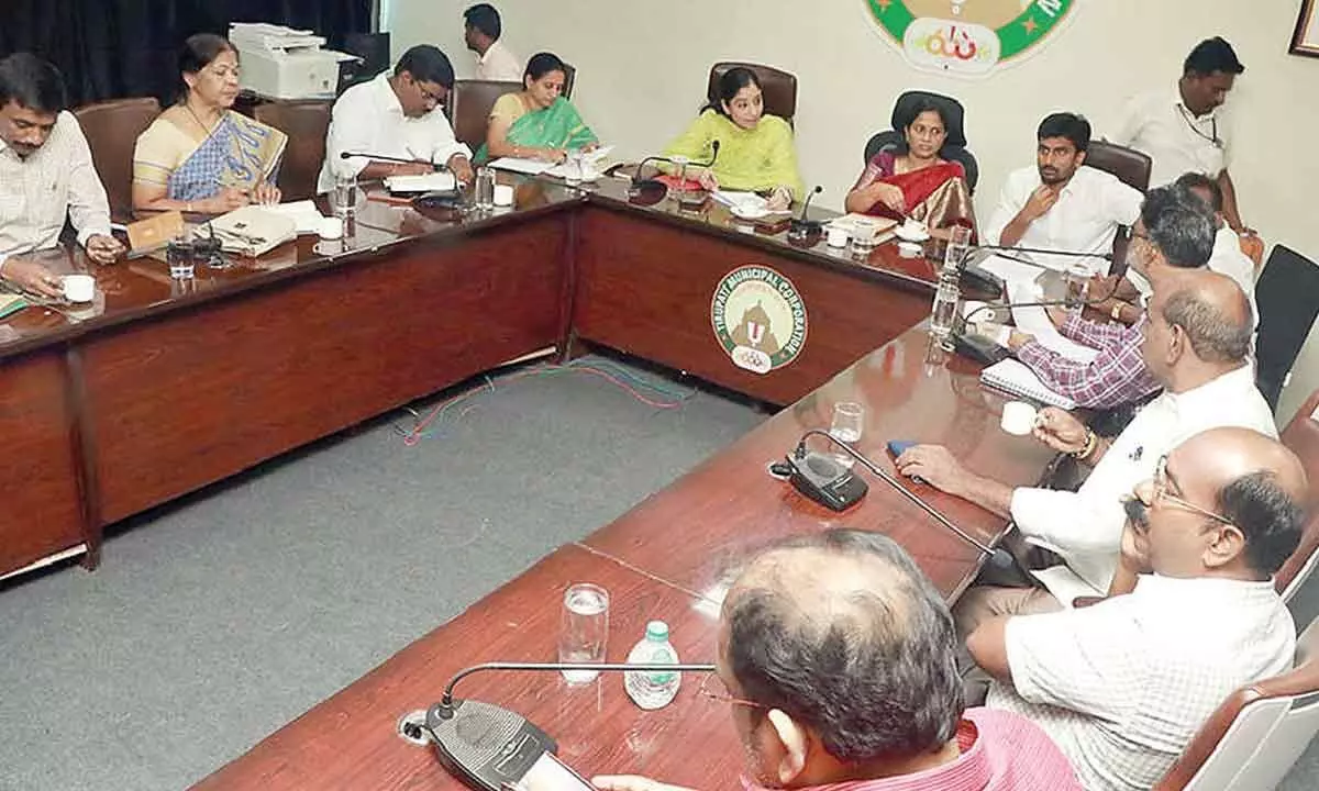 Mayor Dr R Sirisha, Municipal Commissioner Anupama Anjali, deputy mayors and other officials reviewing the development works in Tirupati on Tuesday