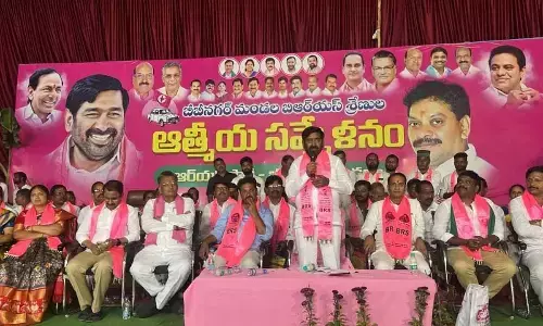 Minister Jagadish Reddy addressing at the Athmiya Sammelan held in Bibinagar on Monday