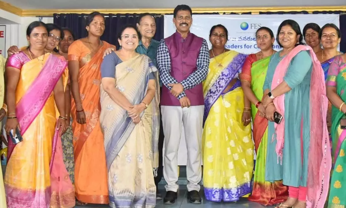 NTR district Collector S Dilli Rao with the sarpanches from Madanapalle revenue division at Vasavya Mahila Mandali in Vijayawada on Tuesday