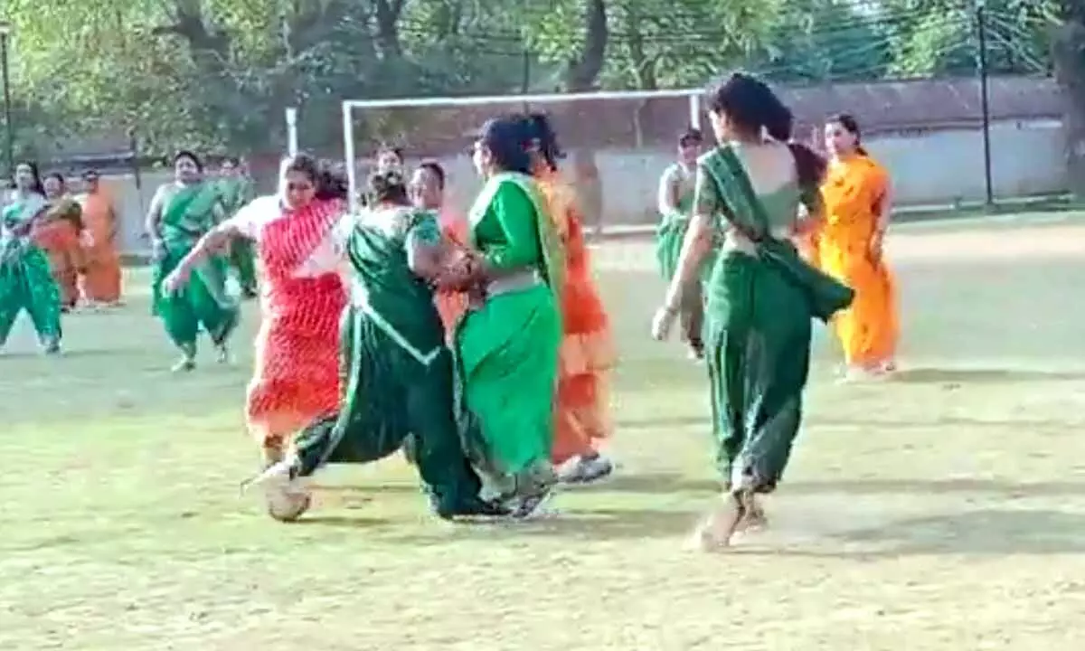 Women Wearing Saree And Playing Football Match In Gwalior
