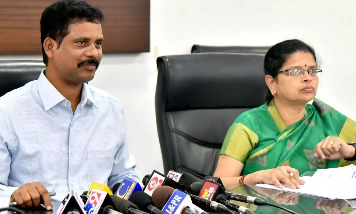 NTR district Collector S Dilli Rao addressing the media in Vijayawada on Wednesday. DEO Renuka is also seen.