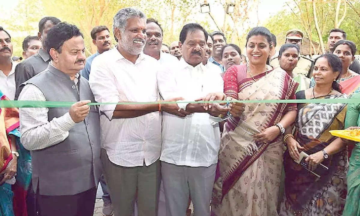 Deputy Chief Minister K Narayana Swamy, Minister RK Roja, Chandragiri MLA Cheivreddy Bhaskar Reddy, District Collector K Venkataramana Reddy and others at the inauguration of All India  DWCRA Bazaar in Tirupati on Wednesday